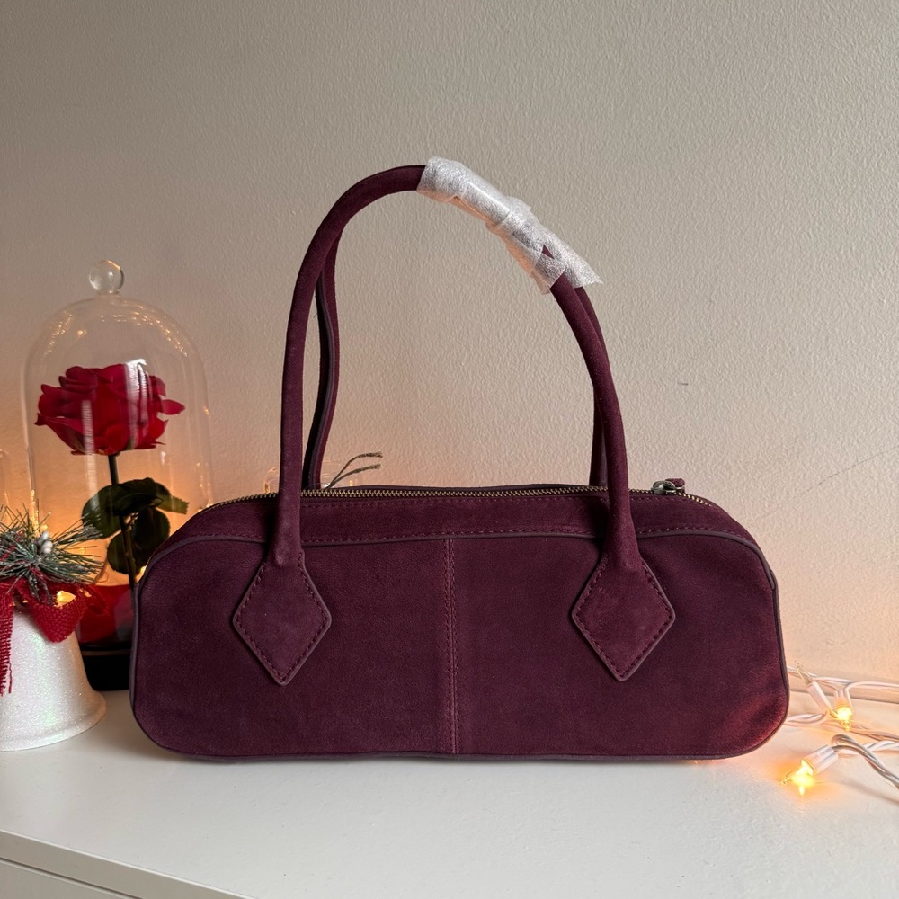 Burgundy Faux Suede Shoulder Bag Y2K Minimalist Baguette Purse Retro Chic NWT